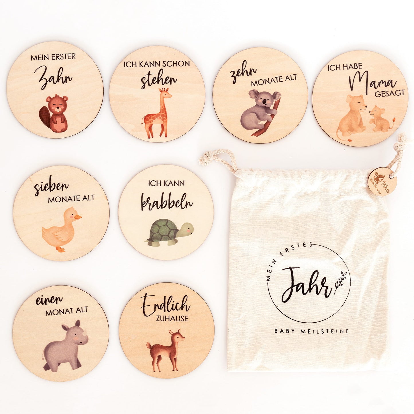 Holz Meilensteinkarten | farbige Tiermotive