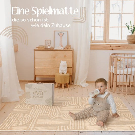 Warm-beige Puzzlematte als stilvoller Kinderteppich im modernen Interior – neutral und zeitlos im Babyzimmer
