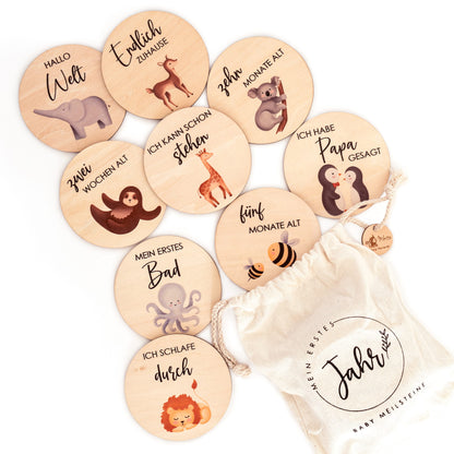 Holz Meilensteinkarten | farbige Tiermotive