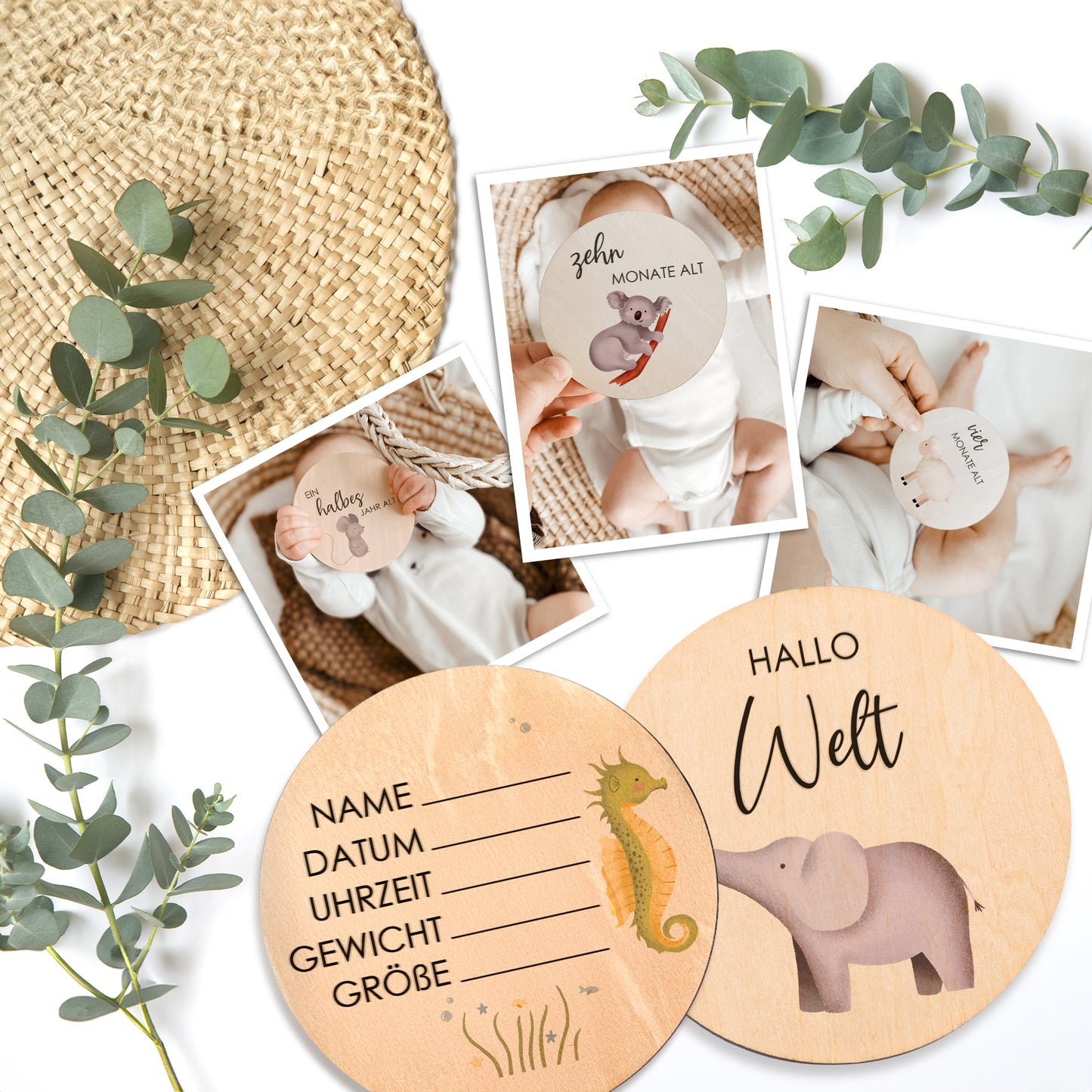 Holz Meilensteinkarten | farbige Tiermotive