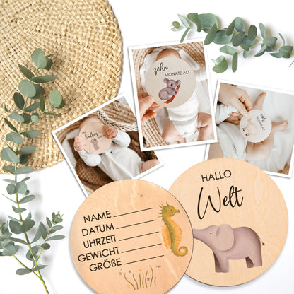 Holz Meilensteinkarten | farbige Tiermotive