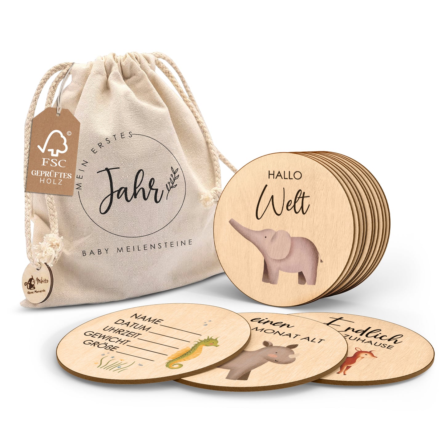 Holz Meilensteinkarten | farbige Tiermotive