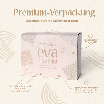 Premium Verpackung der Co-Toddlery Puzzlematte in Perlgrau – elegant geschenkbereit für Baby Shower und Geburt