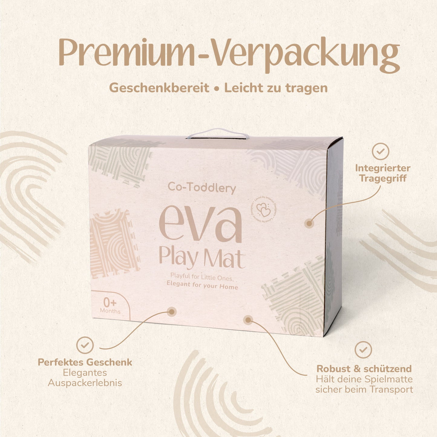 Premium Verpackung der Co-Toddlery Puzzlematte in Salbeigrün – geschenkbereit, perfekt für Baby Shower und Geburt