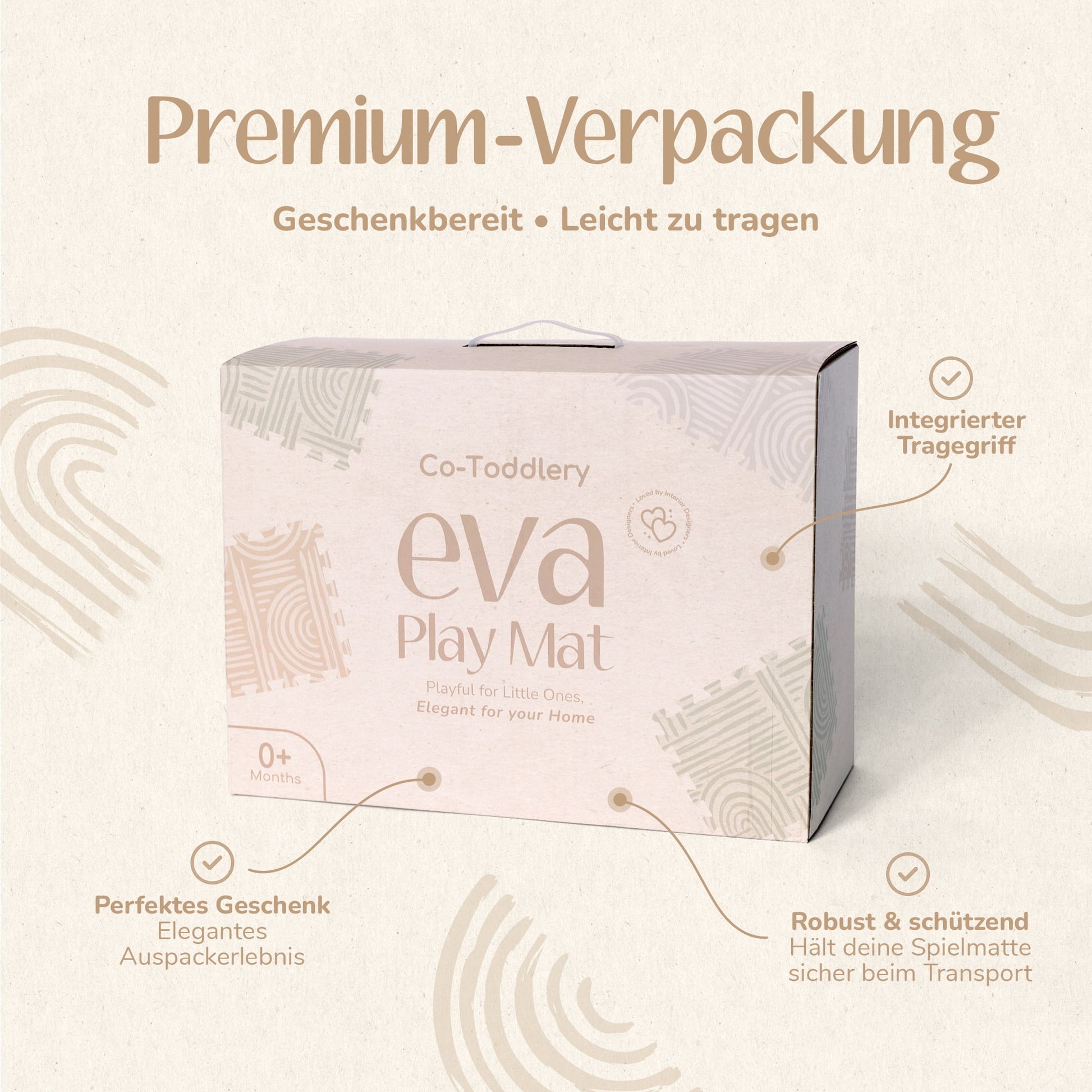 Premium Verpackung der Co-Toddlery Puzzlematte in Salbeigrün – geschenkbereit, perfekt für Baby Shower und Geburt