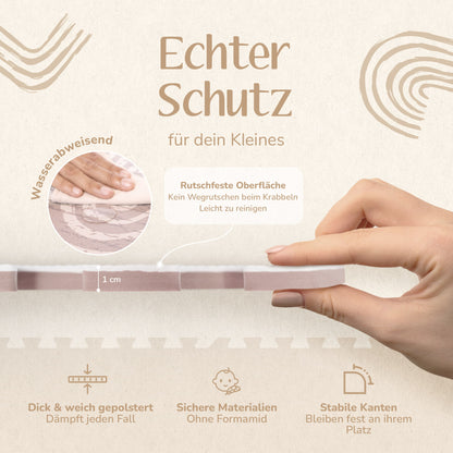 Schutz durch 1 cm EVA Schaum in Perlgrau – rutschfest, schadstofffrei und EN71 geprüft für sicheres Baby Spiel