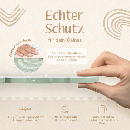 Echter Schutz durch 1 cm EVA Schaum Polsterung – schadstofffrei, EN71 geprüft, rutschfest für sicheres Baby Krabbeln