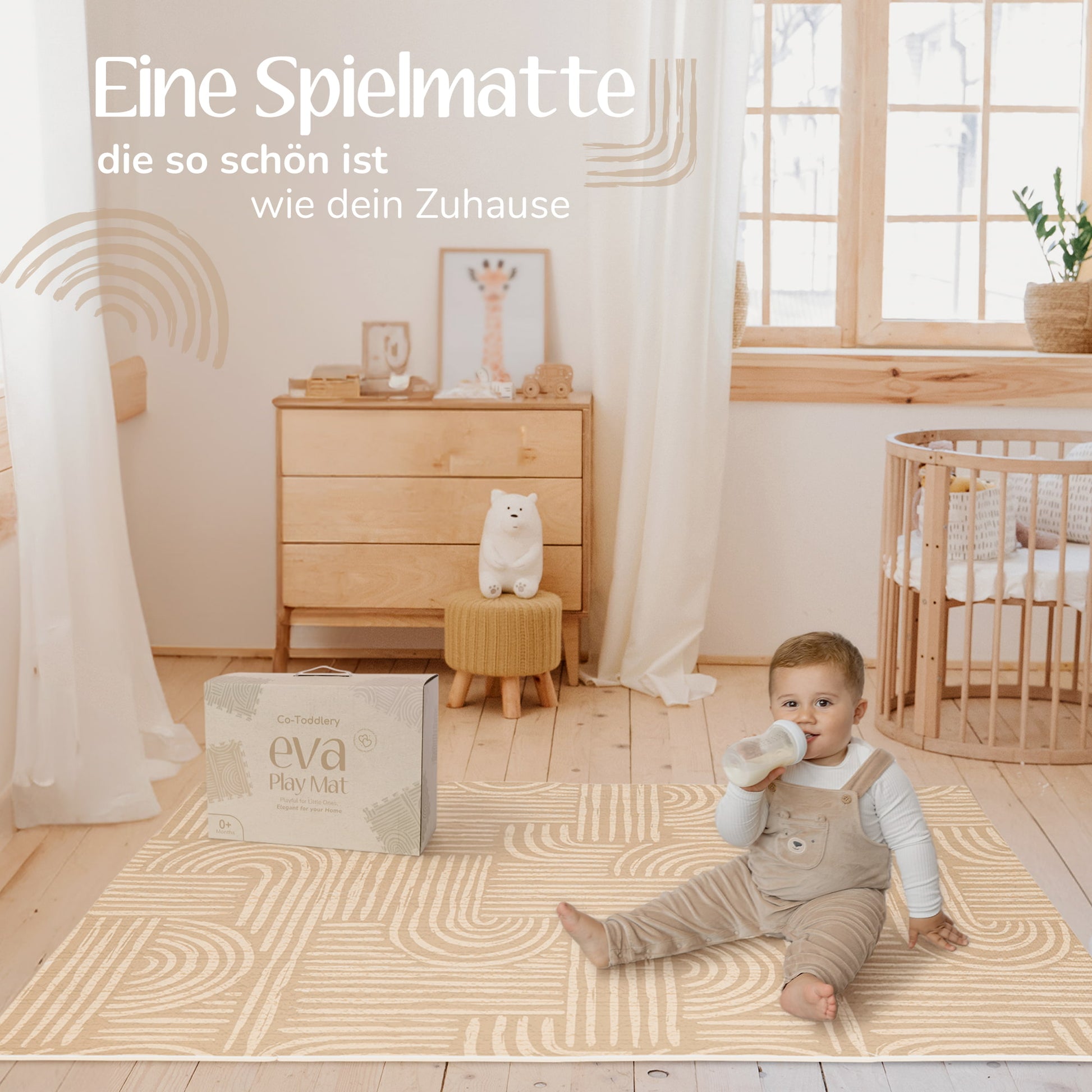 Warm-beige Puzzlematte als stilvoller Kinderteppich im modernen Interior – neutral und zeitlos im Babyzimmer