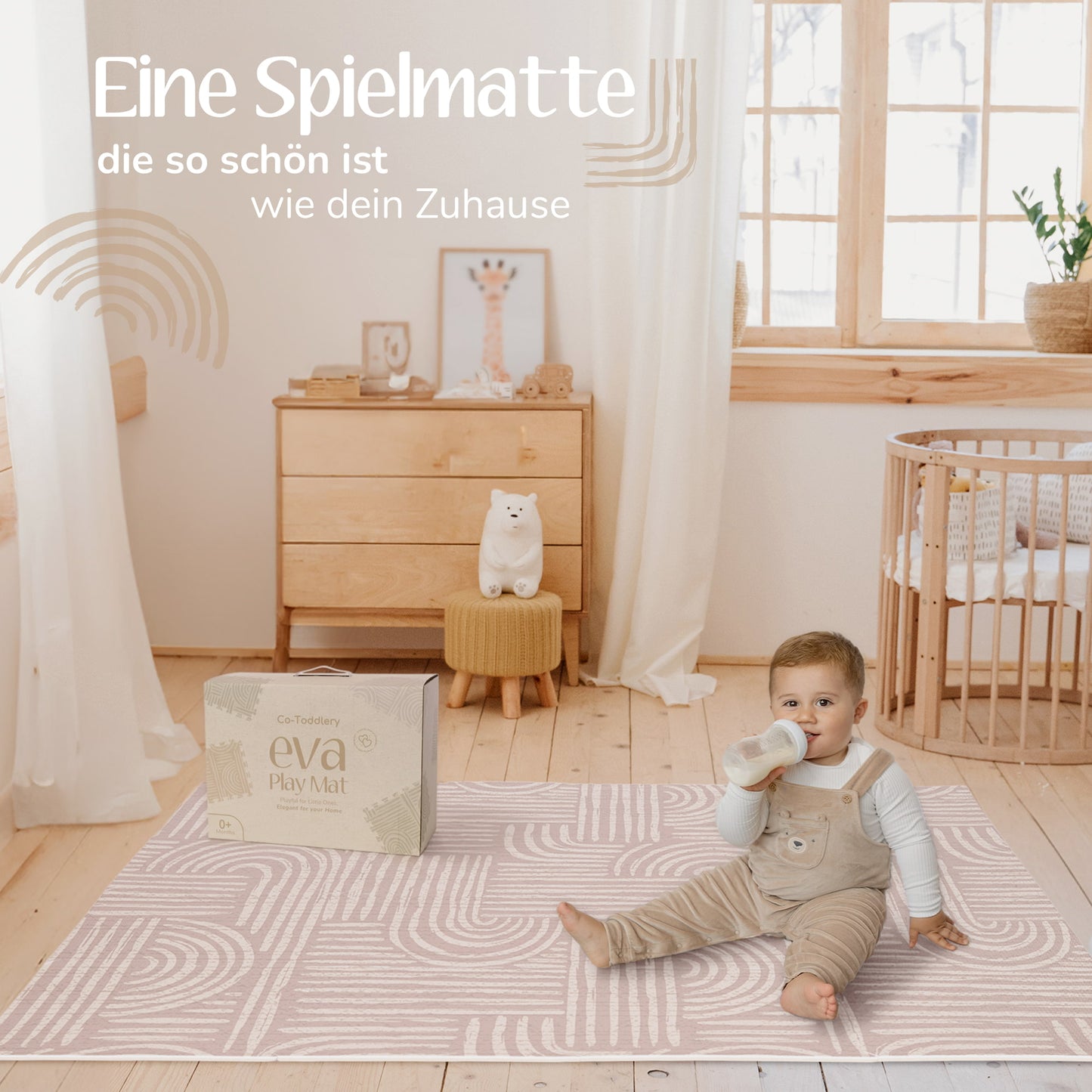 Perlgraue Puzzlematte im modernen Wohnzimmer – zeitloser Kinderteppich, der sich in jedes Interior Design einfügt